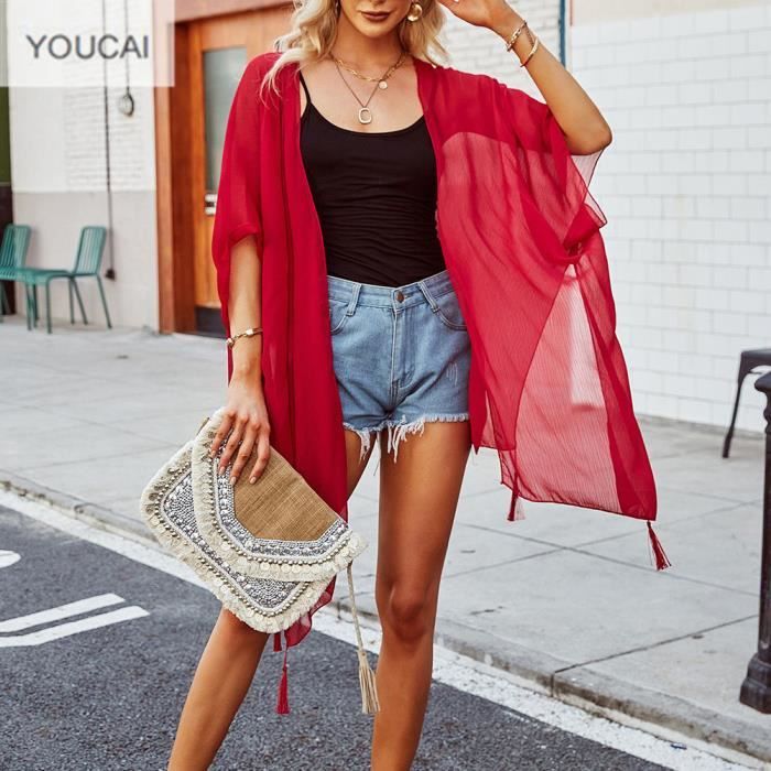 Cardigan d ete Femme YOUCAI Manches 3 4 Chale Elegant en Mousseline de Soie Chic Cover Up Bikini Chale Legere Rouge Rouge Cdiscount Pret a Porter