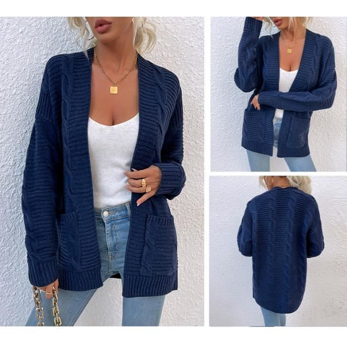 Gilet Femme Mi longue en Tricot Automne Hiver Cardigan Ouvert Torsade Manches Longues Avec Poches Couleur Unie Bleu Cdiscount Pret a Porter