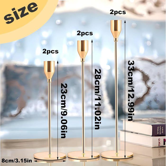 Lot De 3 Bougeoirs Dorés Pour Bougies Coniques - 24 Cm De Haut, Métal Plaqué Or, Style Rétro Pour Mariage Et Fêtes - 9