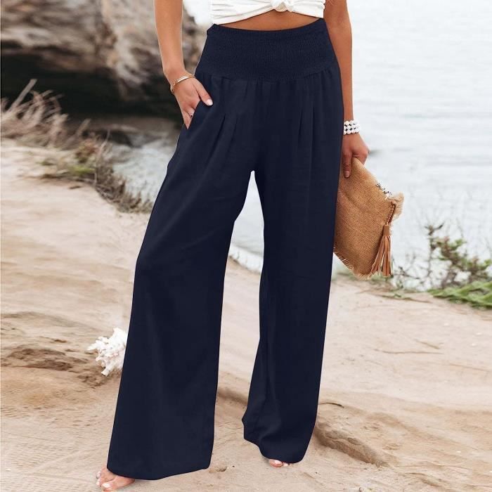 Pantalon Femme Ete Lin Pantacourt Taille Haute Marine
