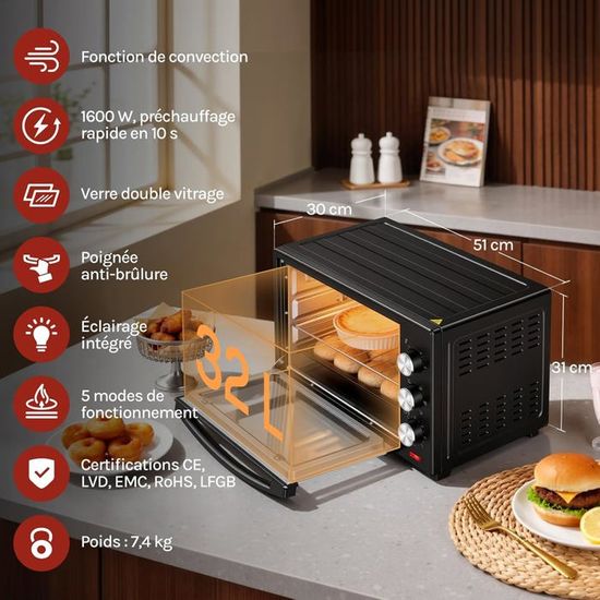 Four Électrique Ventilé 38 Litres DIGIQUEST - Rôtissoire, 1600W, Minuterie 60 Min