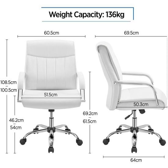 Chaise de Bureau Blanche - Charge 136 kg - Yaheetech