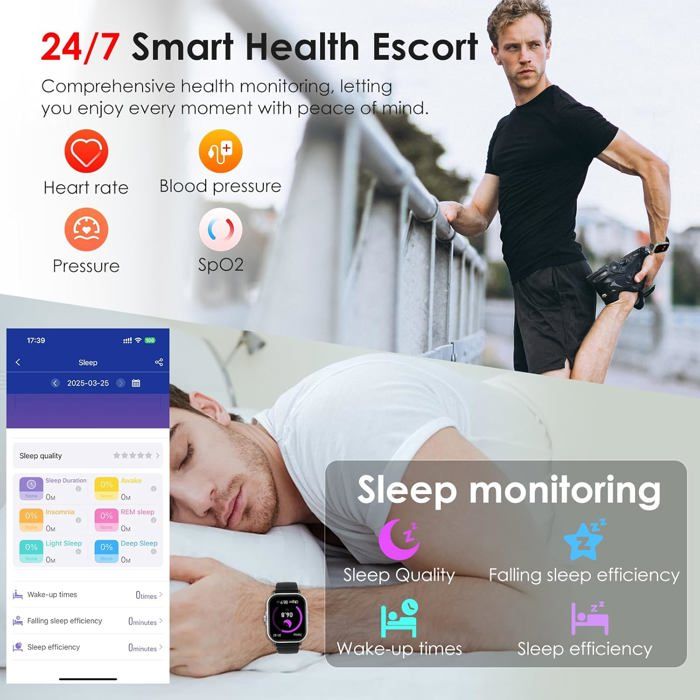 2024 Montre Connectée ECG/HRV/Acide Urique Avec Appel Bluetooth 1,97" AMOLED Smartwatch 24H Moniteur Fréquence Cardiaque Pression Artérielle SPO2 Température Sommeil Montre Sport Pour Android/iOS