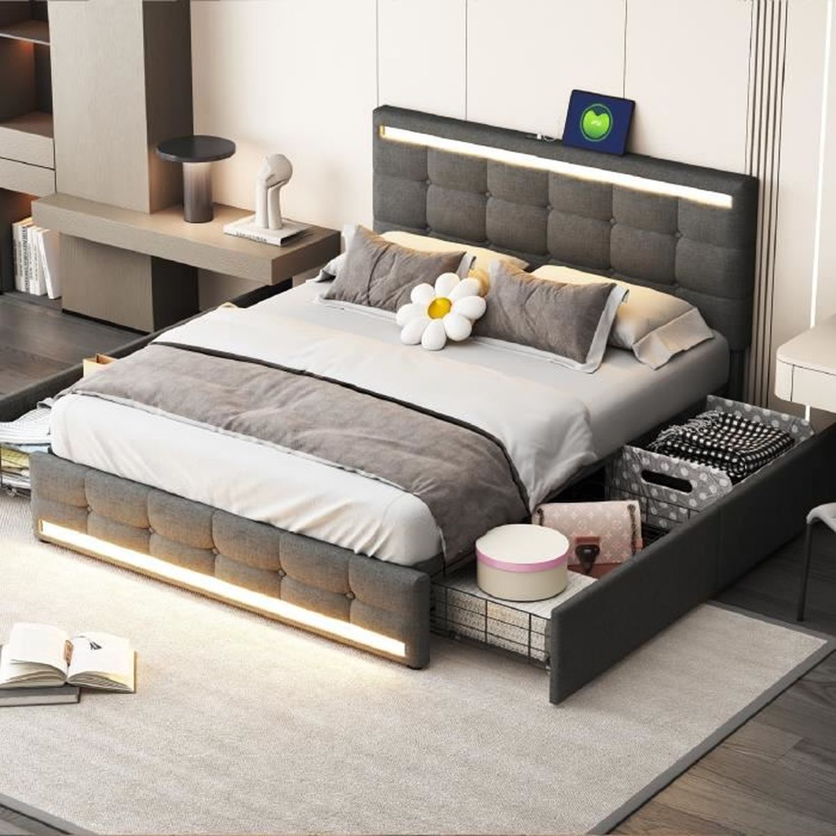 Lit Rembourré 140 X 200 Cm, Tête De Lit LED Avec Compartiment De Rangement Et Usb Lit Double Noir