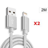 X2 Cable Metal Nylon Renforce Chargeur USB Couleur Argent pour IPhone Longueur 2m Tréssé Compatible IPhone 6/7/8/X/Xr/11/12 X2