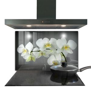CREDENCE Fond de hotte - Decortapis - 100 x 70 cm - Verre trempé - Orchidée blanche sur fond noir