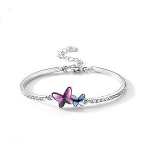 Femme Plaqué Argent Charme Bracelet Avec Violet Papillon Cristal Rigide Poignet