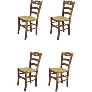 CHAISE Tommychairs - Set 4 chaises cuisine SAVOIE, robuste structure en bois de hêtre peindré en couleur noyer et assise en paille