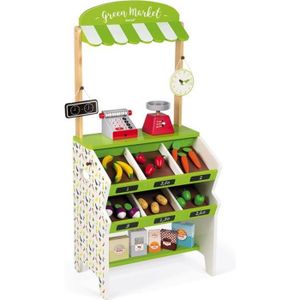 MARCHANDE Epicerie Green Market en bois JANOD - Idéale pour les apprentis marchands - 32 accessoires inclus