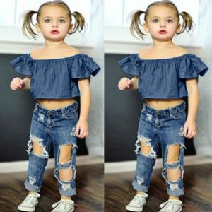 Enfants Filles 2-7 Ans Fashion Off épaule Tops Déchiré Pantalon Long Tenues Vêtements 