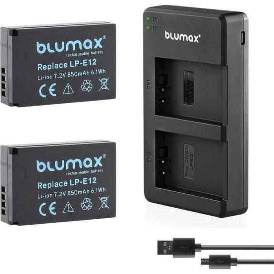 Batteries DuraPro LP-E12 1800mAh - Lot De 2 + Chargeur USB Double | Compatible Canon EOS M50, Rebel SL1, 100D
