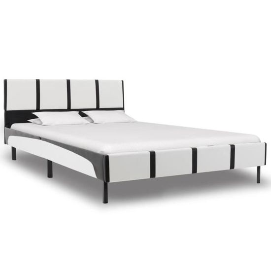 MEXP- Cadre de Lit Double | Structure de lit Adulte | Lit 2 personnes Moderne Blanc et noir Similicuir 140 x 200 cm7836