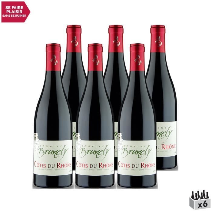 Côtes du Rhône Rouge 2019 - Lot de 6x75cl - Domaine Brunely - Vin AOC Rouge de la Vallée du Rhône - Cépages Grenache, Syrah, Cinsaul