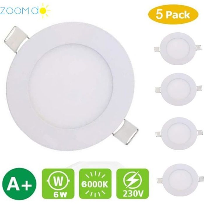 Lot de 5xPanneau rond LED 6w (encastré). Downlight, Blanc froid 6500K Encastré Spot LED Encastrable Plafond