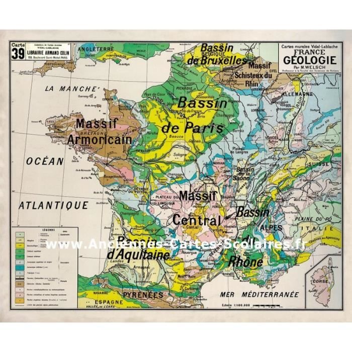 CARTE MURALE VIDAL LABLACHE N° 39 - FRANCE GEOLOGIE (REPRODUCTION ANCIENNE CARTE SCOLAIRE)
