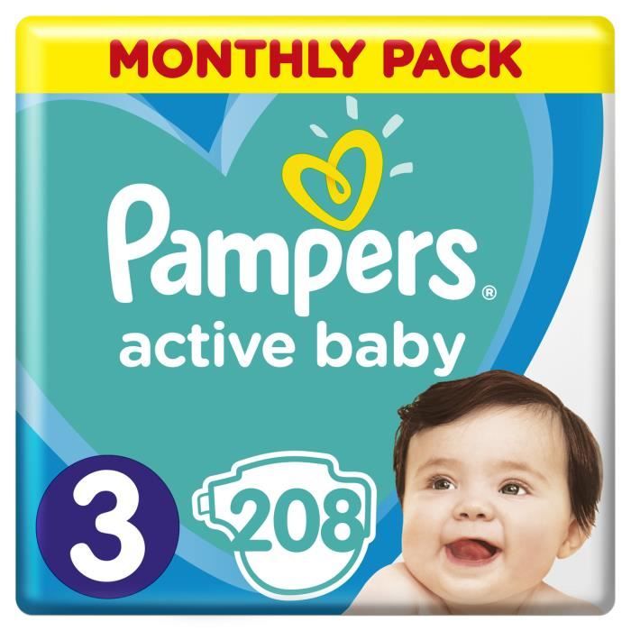 PAMPERS TAILLE 3 208 COUCHES ACTIVE BABY PACK 1 MOIS DE COUCHES