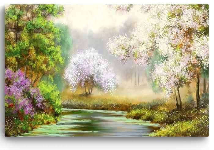 Tableau Toile 100x70 Cm - Impression Nature Avec Arbre Et Prairie - Déco Murale Moderne