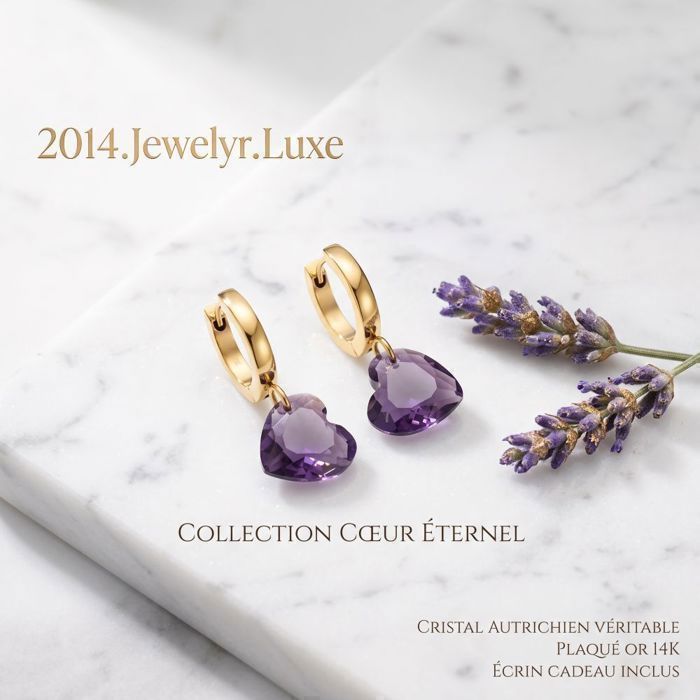 Boucles dOreilles - Créoles - Cœur - Suspendu - Cristal Autrichien - Violet - Plaqué Or 14 Carats - Femme