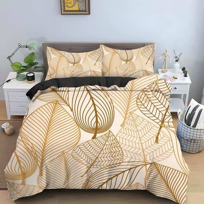 Parure De Lit 1 Personne 140x200 Cm Feuilles Bleu Marine - Microfibre Douce Avec Taie 65x65 Cm