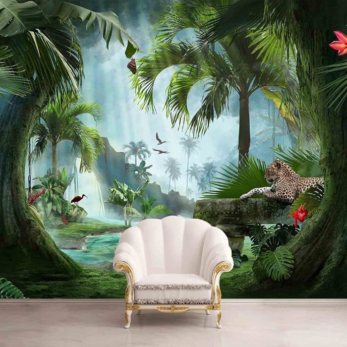 Papier Peint Panoramique Jungle Léopard Papier Peint Soie 3D Tapisserie ...