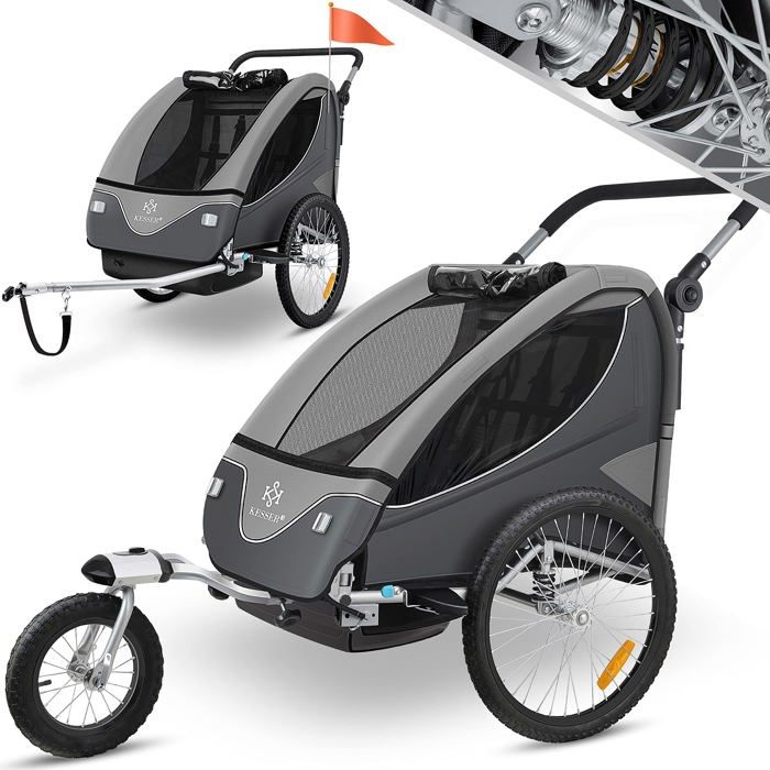 KESSER® Remorque Vélo pour 2 Enfants Cruiser | Poussette ceinture de sécurité 5 Points 360° roues Jogger Max. 40kg Gris Clair