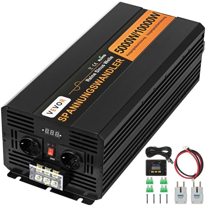 Onduleur à Onde Sinusoïdale Pure-VEVOR-5000 W 10000 W- 230 V AC 50 Hz-Refroidissement à Grande Vitesse