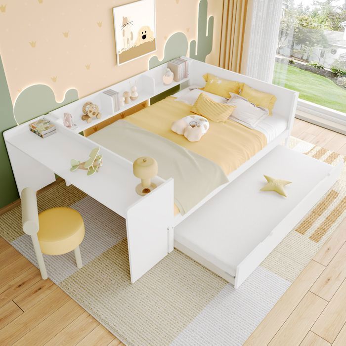 Lit Enfant-Lit plat en bois-140x200cm-avec bureau et grand tiroir lit gigogne double sans matelas avec étagères pin+aggloméré Blanc