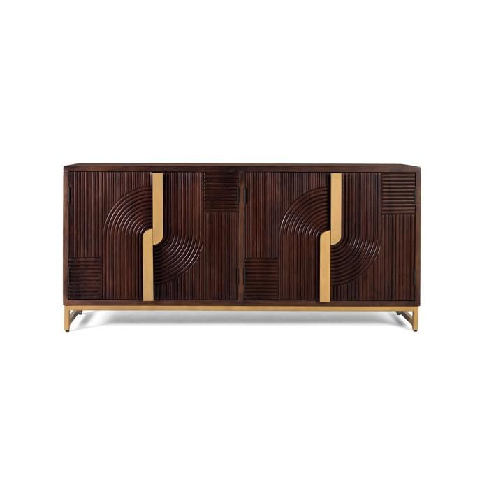 Buffet bas en bois massif - 4 portes - Détails dorés - Style Art déco - Manguier massif - 175x80x47 cm