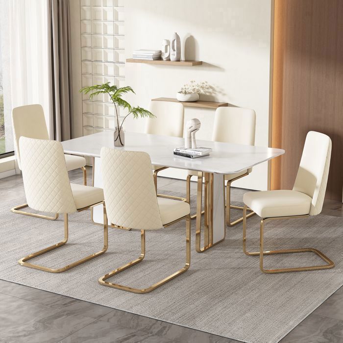 Ensemble de 6 chaises de salle à manger en velours luxueuses pour salon chambre ou détente pieds de support en métal doré beige Ensemble de 6 chaises de salle à manger en velours luxueuses pour salon chambre ou détente pieds de support en métal doré beige