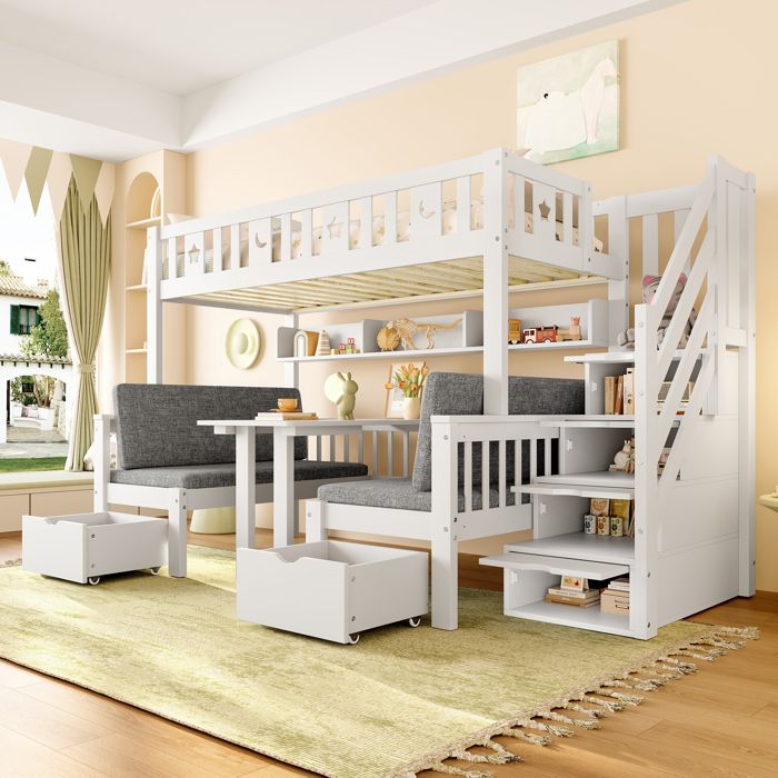 Lit Mezzanine Enfant 90 x 200 cm avec Bureau Intégré Échelle rangement et Garde-Corps Étoiles Blanc