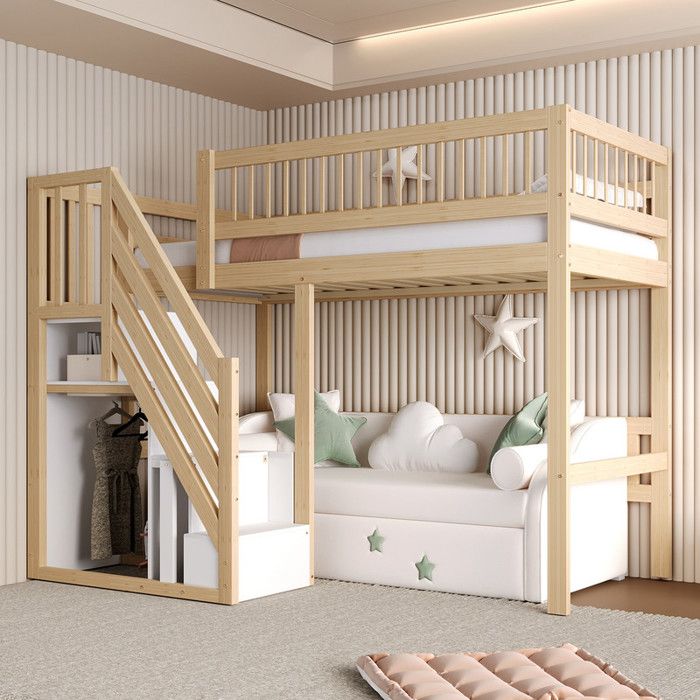 Lit en Bois Massif 90x200cm - Lit Enfant Escalier avec Armoire de Rangement Lit Simple Couleur Bois - sans Matelas