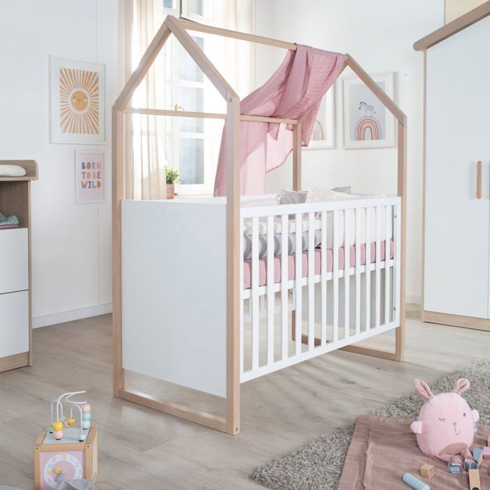 Lit bébé et cododo 2-en-1 - 60 x 120 cm - ROBA - CABANE - Chêne / Blanc