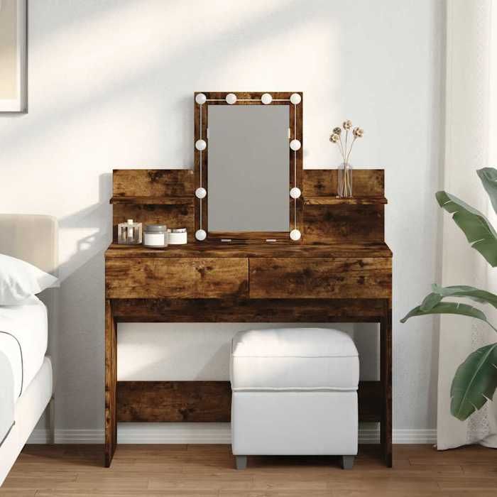 Coiffeuse Avec Miroir – Chêne Fumé, 86,5x35x136 Cm, Meuble Salle De Bain, Neuve