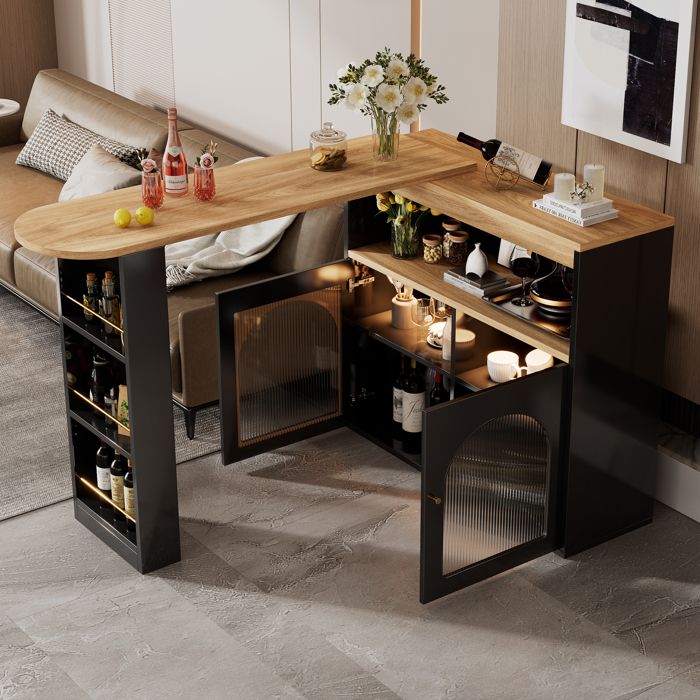 Table de bar extensible ave rangement table de bistrot avec 2 portes en verre rotation libre à 360 ° étagères réglables