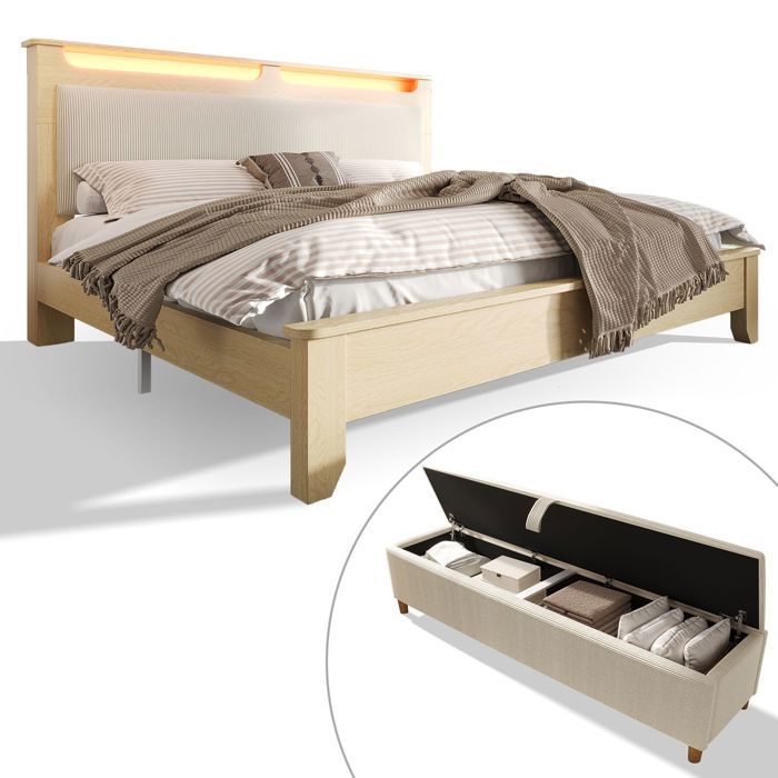 Lit coffre - SOGEU - 160x200 - Coffre XL - Tête de lit LED intégrée - Banquette rangement beige