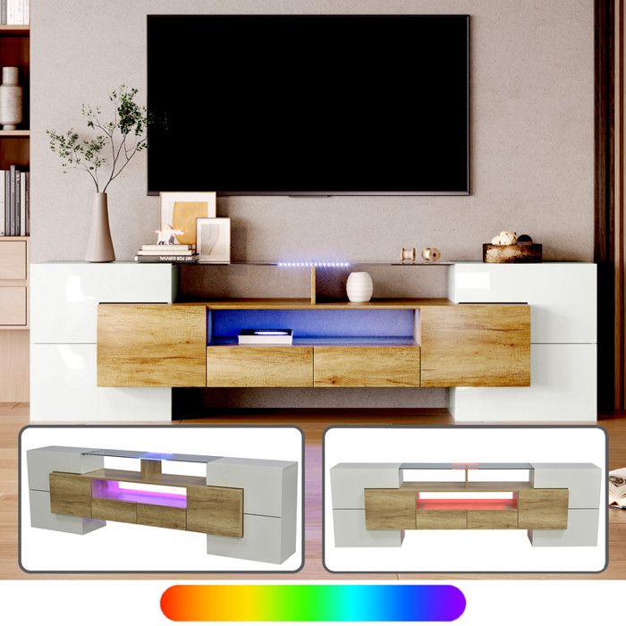 Meuble TV Haut 200cm - Blanc laqué - avec éclairage LED - 6 portes et 2 tiroirs - Design moderne - en Bois