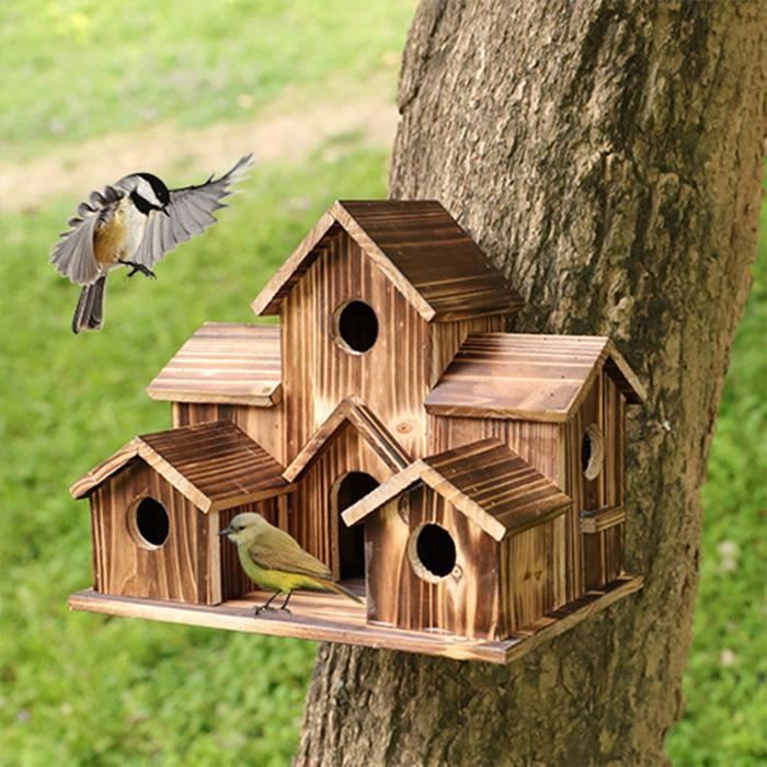 Maison doiseau en bois - 6 trous - Décoration de cour - Cadeau pour amis - Naturel - Confortable pour oiseaux