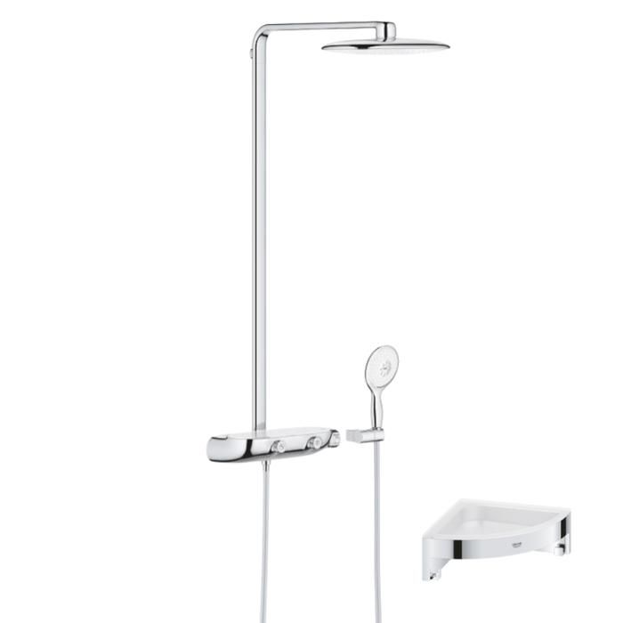 Grohe Colonne de douche thermostatique Rainshower System SmartControl Mono 360 Blanc/chromé + Tablette douche d'angle Start Cube
