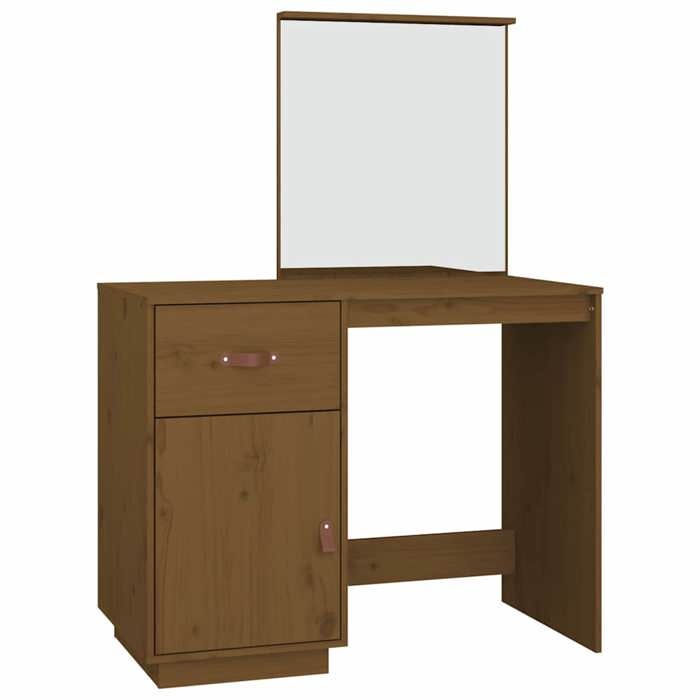 Coiffeuse en bois de pin massif - GKO - Marron miel - 95x50x135 cm - Miroir inclus - Grand espace de rangement
