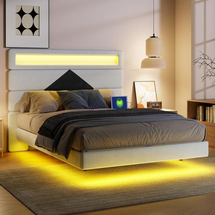 Lit 140x190cm - Lit Double Flottant 140x190 - avec Tête de Lit Diamant Réglable LED RGB et Ports USB - Velours Blanc