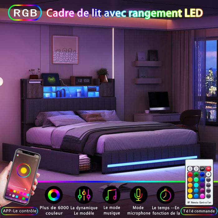 Cadre de Lit 140x200 avec Sommier Lit Rembourré Lin avec LED et USB Tête de Lit avec Rangement Lit Double pour Adulte/Ado Gris
