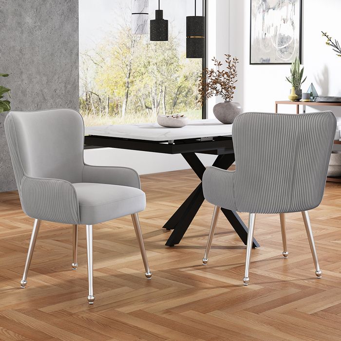 Lot de 2 Chaises de Salle à Manger - Dossier et Accoudoir - Chaise de Cuisine - Tissu en Velours - Pieds en Métal Argenté - Gris