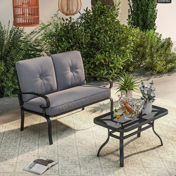 GIANTEX Salon de Jardin 2 Pièces avec Table Basse Canapé Extérieur 2 Places avec Dossier/Accoudoirs/Coussins Doux Gris