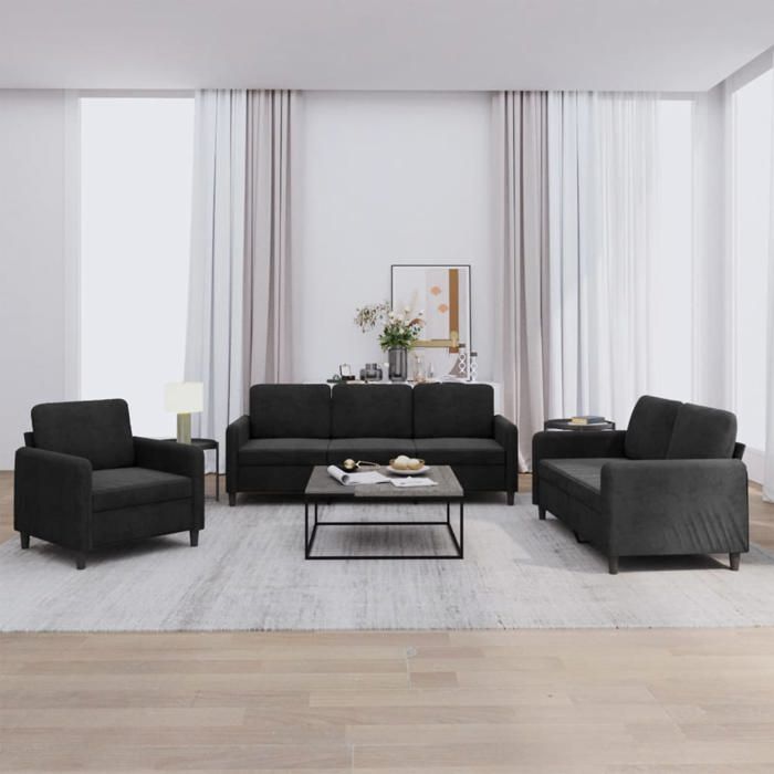 Ensemble de canapés en velours - vidaXL - Noir - 3 pièces - Fauteuil: 78x77x80 cm - Canapé 2 places: 138x77x80 cm