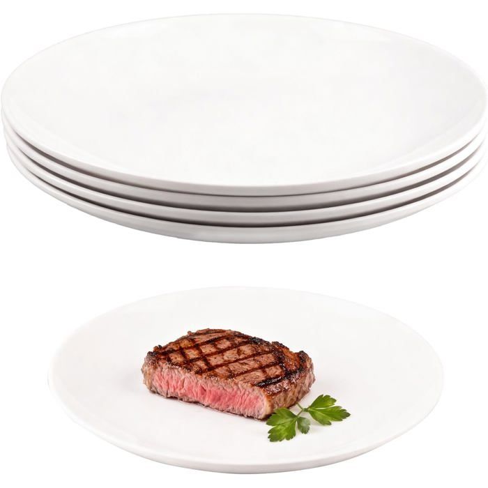 Assiettes plates en plastique - DOK - Lot de 4 - 25 cm - Blanche - Mélamine alimentaire - Résistantes aux chocs