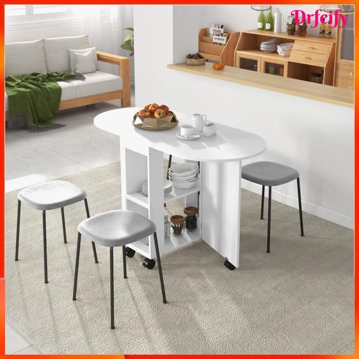 12755 Table à manger pliante sur roulettes table de cuisine pour 4 personnes 2 abattants et 2 étagères 120x60x77cm blanc