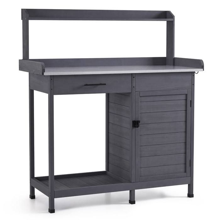 M MCombo Table de Jardin avec Tiroir Étagère Plan Galvanisé & Armoire Table à Fleurs Bois Massif Jardin 0440 (Gris)