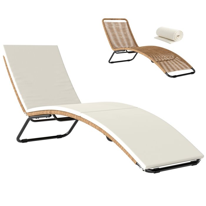 Bain de soleil en résine tressée - transat de jardin - Outsunny - design en S structure robuste acier avec coussin - crème
