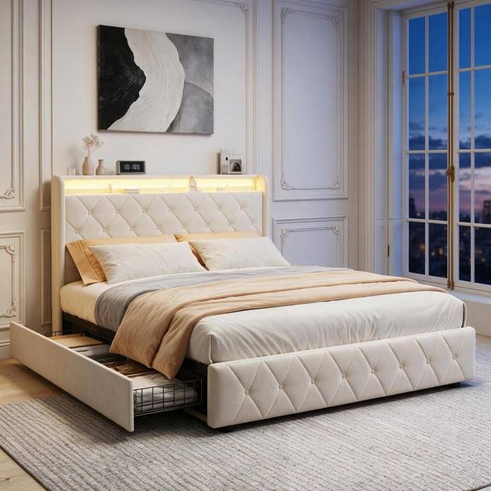 Lit double 160x200cm avec éclairage LED et ports USB Lit capitonné 160x200 avec 4 tiroirs et sommier à lattes Velours Beige