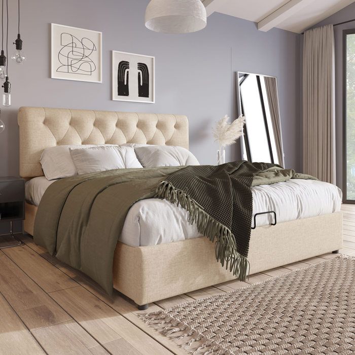 Lit coffre 160 × 200 naturel en lin tête réglable sommier relevable sans matelas